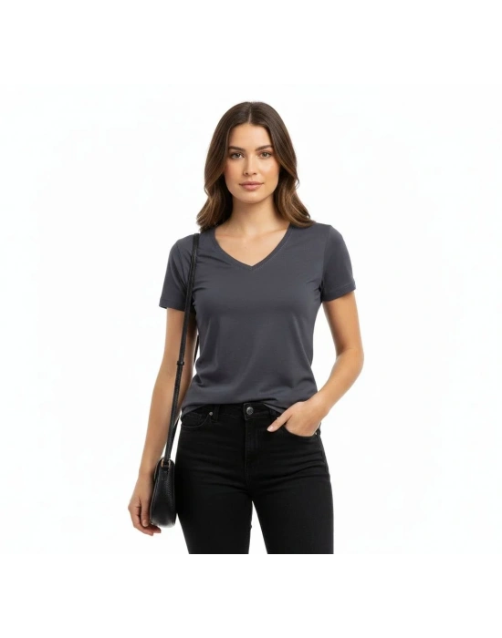 Kadın 2li V Yaka Tişört – Kısa Kollu Yazlık Slim Fit Body - Bordo & Füme