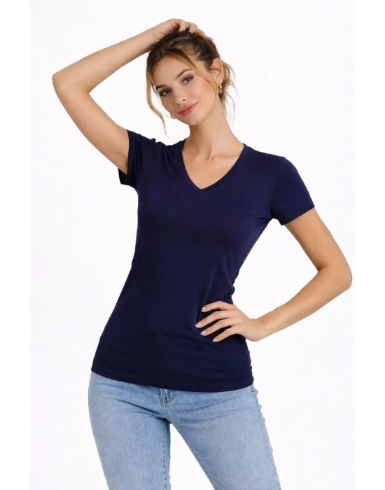 Kadın 2li V Yaka Tişört – Kısa Kollu Yazlık Slim Fit Body - Lacivert & Ekru