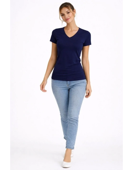 Kadın 2li V Yaka Tişört – Kısa Kollu Yazlık Slim Fit Body - Lacivert & Ekru