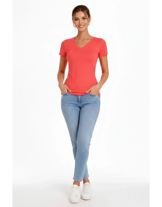 Kadın 2li V Yaka Tişört – Kısa Kollu Yazlık Slim Fit Body - Nar Çiçeği & Açık Mavi