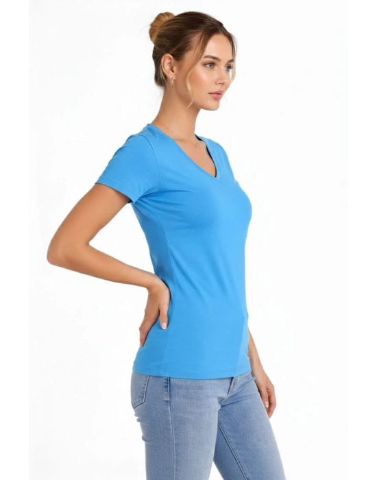 Kadın 2li V Yaka Tişört – Kısa Kollu Yazlık Slim Fit Body - Nar Çiçeği & Açık Mavi