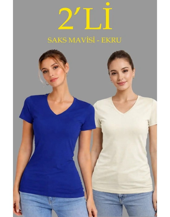 Kadın 2li V Yaka Tişört – Kısa Kollu Yazlık Slim Fit Body - Saks Mavisi & Ekru