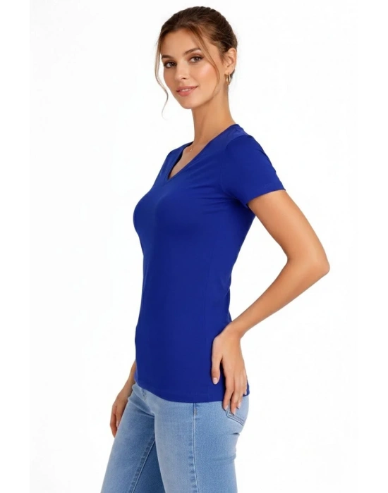 Kadın 2li V Yaka Tişört – Kısa Kollu Yazlık Slim Fit Body - Saks Mavisi & Ekru