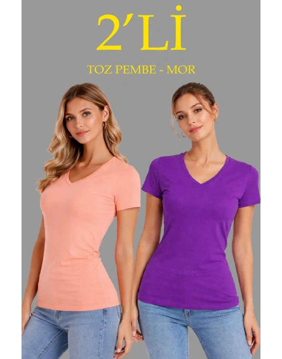 Kadın 2li V Yaka Tişört – Kısa Kollu Yazlık Slim Fit Body - Toz Pembe & Mor