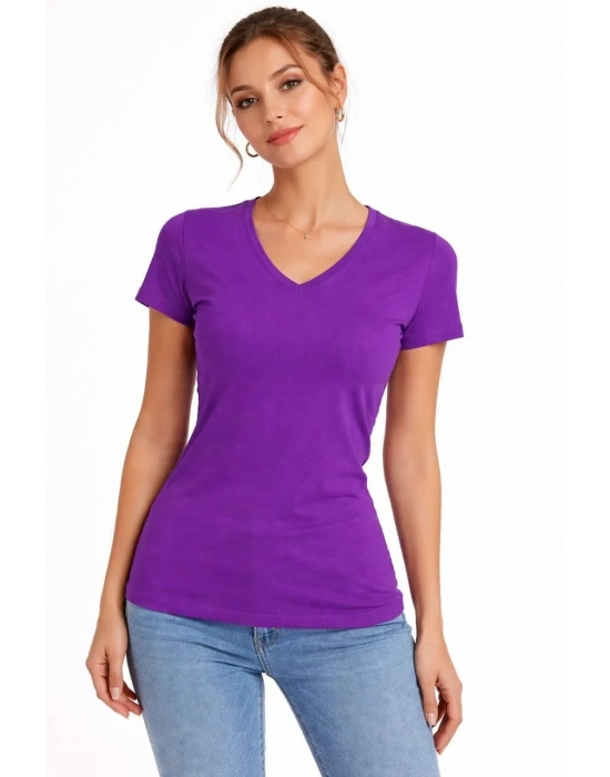 Kadın 2li V Yaka Tişört – Kısa Kollu Yazlık Slim Fit Body - Toz Pembe & Mor
