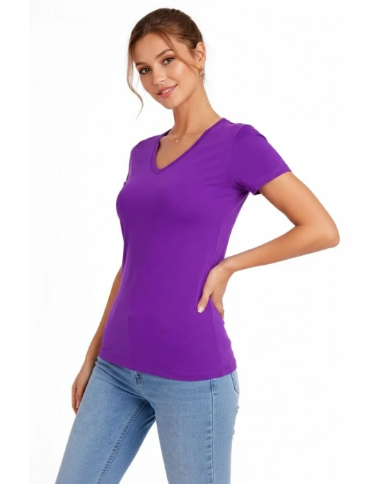 Kadın 2li V Yaka Tişört – Kısa Kollu Yazlık Slim Fit Body - Toz Pembe & Mor