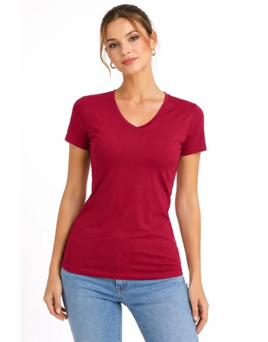Kadın 3lü V Yaka Tişört – Kısa Kollu Yazlık Slim Fit Body - Bordo, Mor, Füme