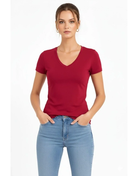 Kadın 3lü V Yaka Tişört – Kısa Kollu Yazlık Slim Fit Body - Bordo, Mor, Füme
