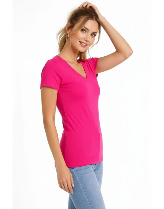 Kadın 3lü V Yaka Tişört – Kısa Kollu Yazlık Slim Fit Body - Pembe, Açık Mavi, Ekru