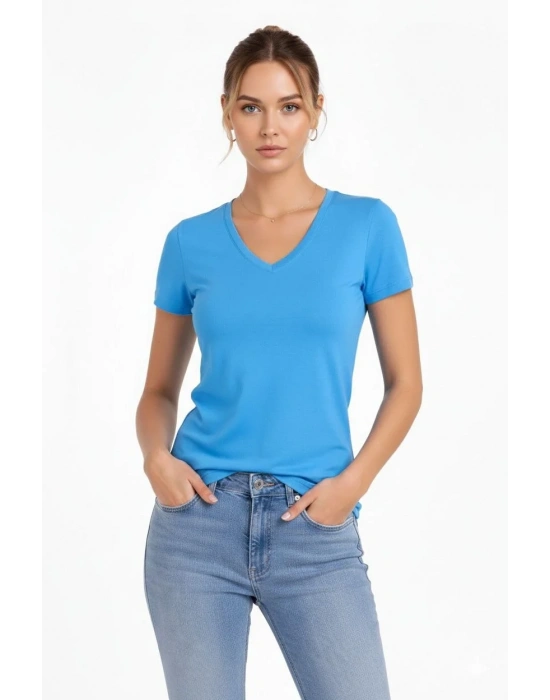 Kadın 3lü V Yaka Tişört – Kısa Kollu Yazlık Slim Fit Body - Pembe, Açık Mavi, Ekru