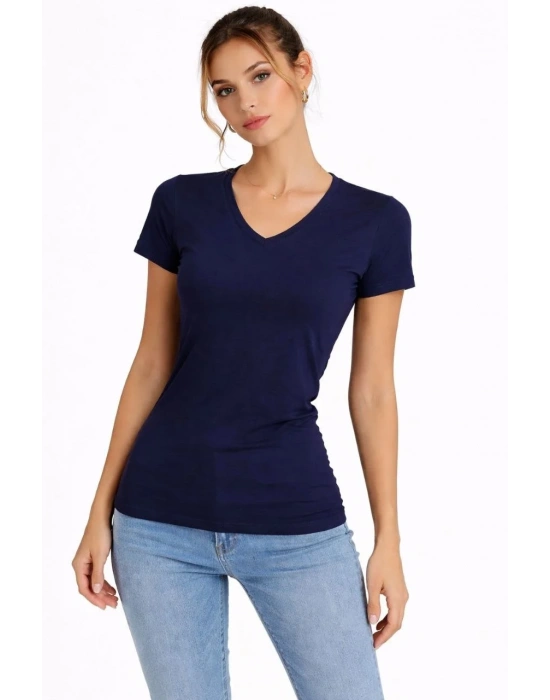Kadın 3lü V Yaka Tişört – Kısa Kollu Yazlık Slim Fit Body - Toz Pembe, Lacivert, Hardal