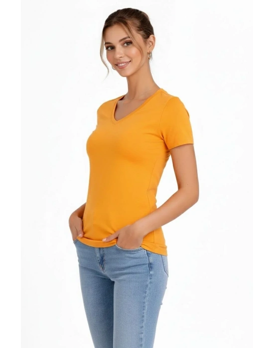 Kadın 3lü V Yaka Tişört – Kısa Kollu Yazlık Slim Fit Body - Toz Pembe, Lacivert, Hardal