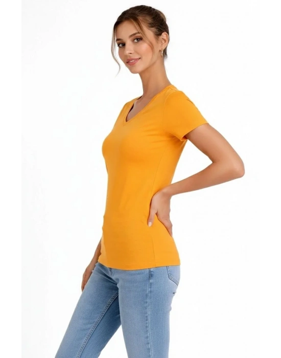 Kadın 3lü V Yaka Tişört – Kısa Kollu Yazlık Slim Fit Body - Toz Pembe, Lacivert, Hardal