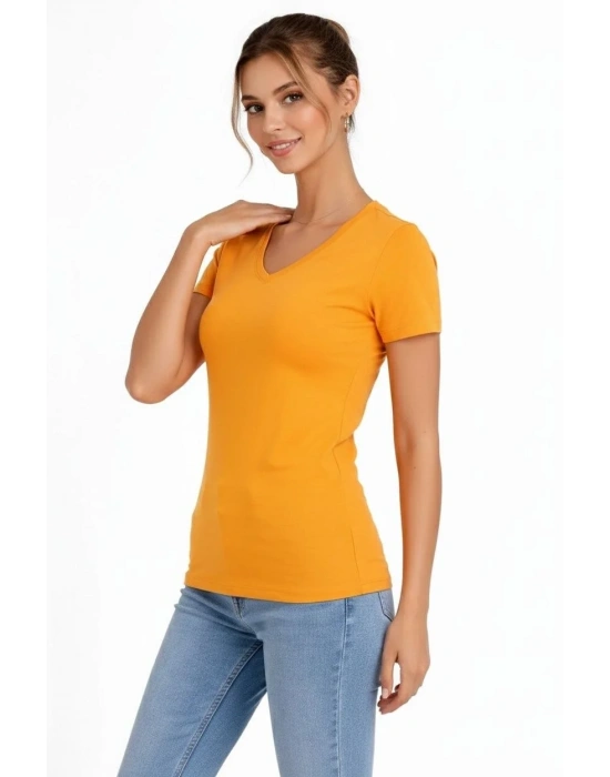 Kadın 3lü V Yaka Tişört – Kısa Kollu Yazlık Slim Fit Body - Toz Pembe, Lacivert, Hardal