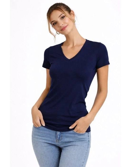 Kadın 3lü V Yaka Tişört – Kısa Kollu Yazlık Slim Fit Body - Toz Pembe, Lacivert, Hardal