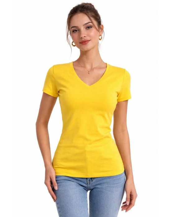 Kadın 3lü V Yaka Tişört – Kısa Kollu Yazlık Slim Fit Body - Toz Pembe, Sarı, Turkuvaz