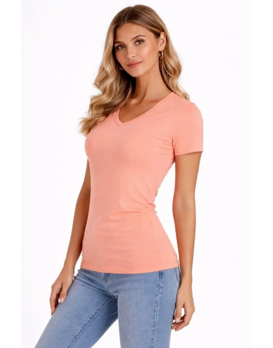 Kadın 3lü V Yaka Tişört – Kısa Kollu Yazlık Slim Fit Body - Toz Pembe, Sarı, Turkuvaz