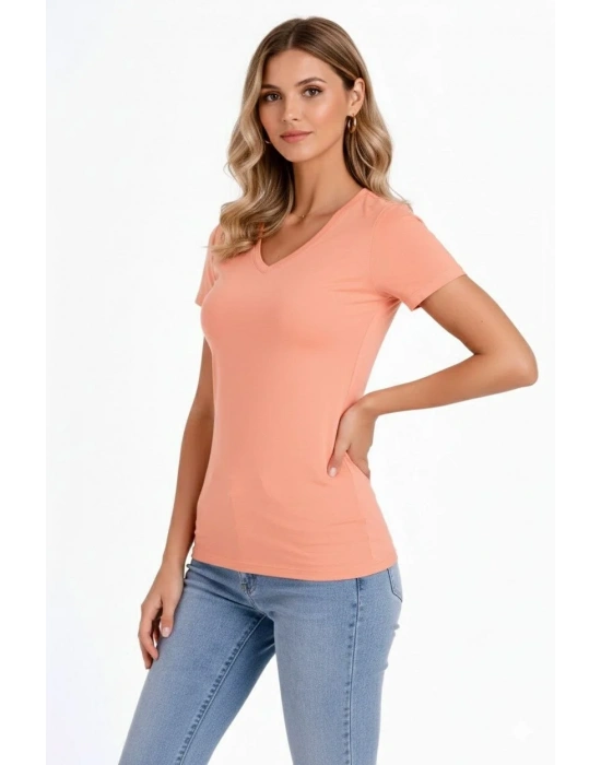 Kadın 3lü V Yaka Tişört – Kısa Kollu Yazlık Slim Fit Body - Toz Pembe, Sarı, Turkuvaz