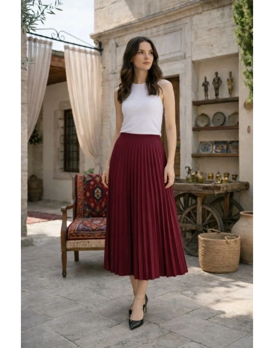 Kadın 90 Cm Saten Kumaş Pliseli Midi Etek Şık ve Zarif Tasarım - Bordo