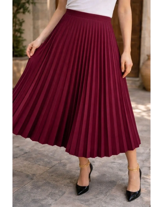 Kadın 90 Cm Saten Kumaş Pliseli Midi Etek Şık ve Zarif Tasarım - Bordo