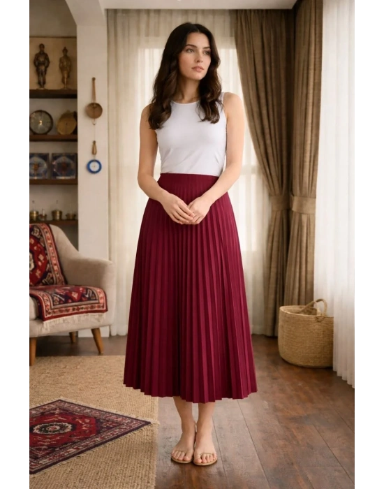 Kadın 90 Cm Saten Kumaş Pliseli Midi Etek Şık ve Zarif Tasarım - Bordo