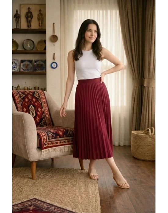 Kadın 90 Cm Saten Kumaş Pliseli Midi Etek Şık ve Zarif Tasarım - Bordo