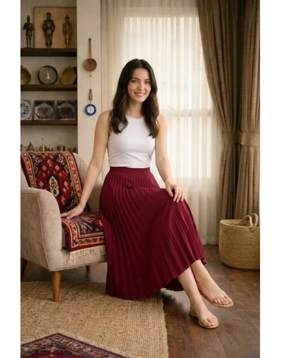 Kadın 90 Cm Saten Kumaş Pliseli Midi Etek Şık ve Zarif Tasarım - Bordo