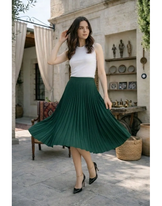 Kadın 90 Cm Saten Kumaş Pliseli Midi Etek Şık ve Zarif Tasarım - Çağla Yeşili