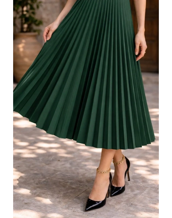 Kadın 90 Cm Saten Kumaş Pliseli Midi Etek Şık ve Zarif Tasarım - Çağla Yeşili