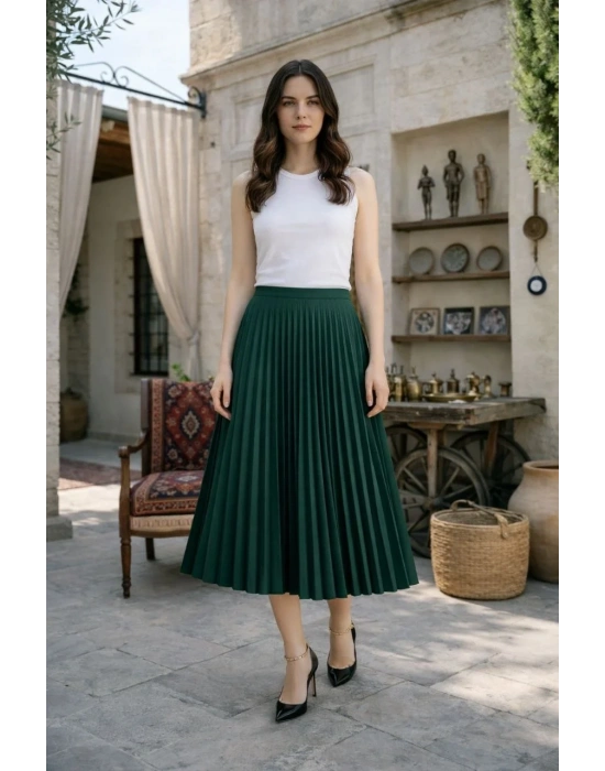 Kadın 90 Cm Saten Kumaş Pliseli Midi Etek Şık ve Zarif Tasarım - Çağla Yeşili