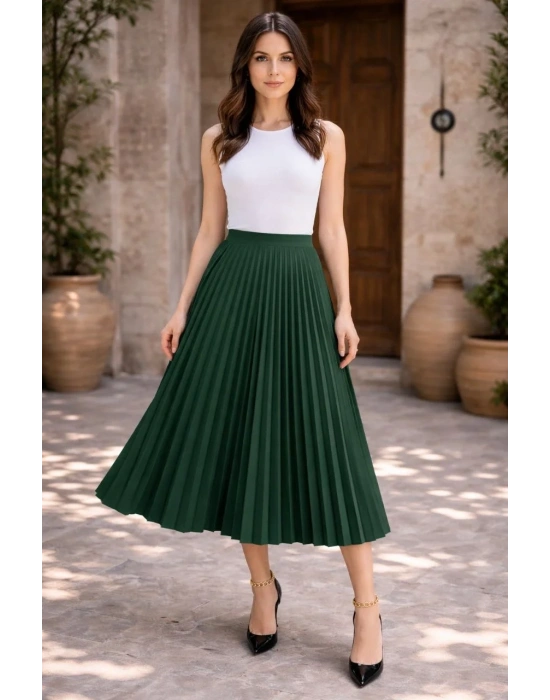 Kadın 90 Cm Saten Kumaş Pliseli Midi Etek Şık ve Zarif Tasarım - Çağla Yeşili