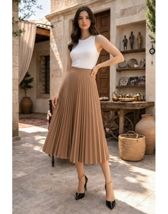 Kadın 90 Cm Saten Kumaş Pliseli Midi Etek Şık ve Zarif Tasarım - Kahverengi