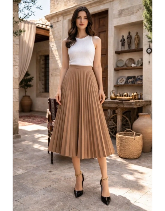 Kadın 90 Cm Saten Kumaş Pliseli Midi Etek Şık ve Zarif Tasarım - Kahverengi