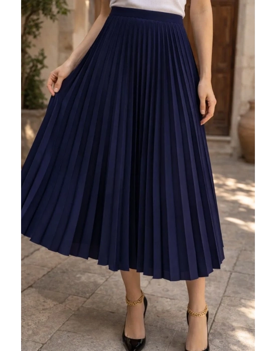 Kadın 90 Cm Saten Kumaş Pliseli Midi Etek Şık ve Zarif Tasarım - Lacivert
