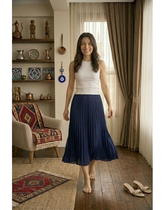 Kadın 90 Cm Saten Kumaş Pliseli Midi Etek Şık ve Zarif Tasarım - Lacivert
