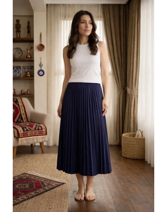 Kadın 90 Cm Saten Kumaş Pliseli Midi Etek Şık ve Zarif Tasarım - Lacivert