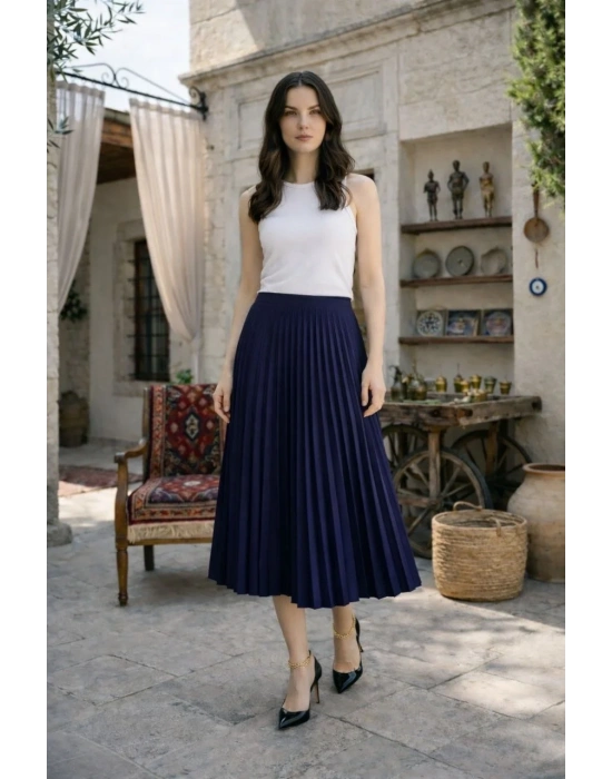 Kadın 90 Cm Saten Kumaş Pliseli Midi Etek Şık ve Zarif Tasarım - Lacivert