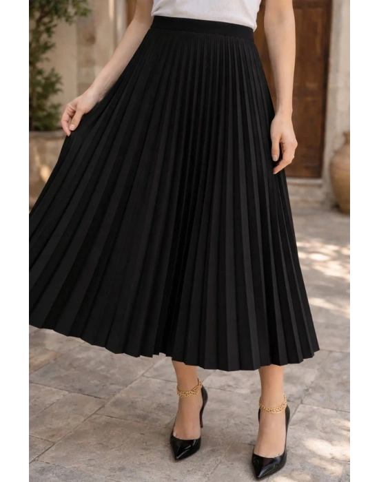 Kadın 90 Cm Saten Kumaş Pliseli Midi Etek Şık ve Zarif Tasarım - Siyah