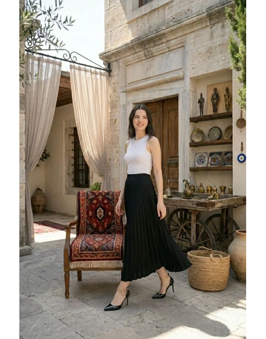 Kadın 90 Cm Saten Kumaş Pliseli Midi Etek Şık ve Zarif Tasarım - Siyah