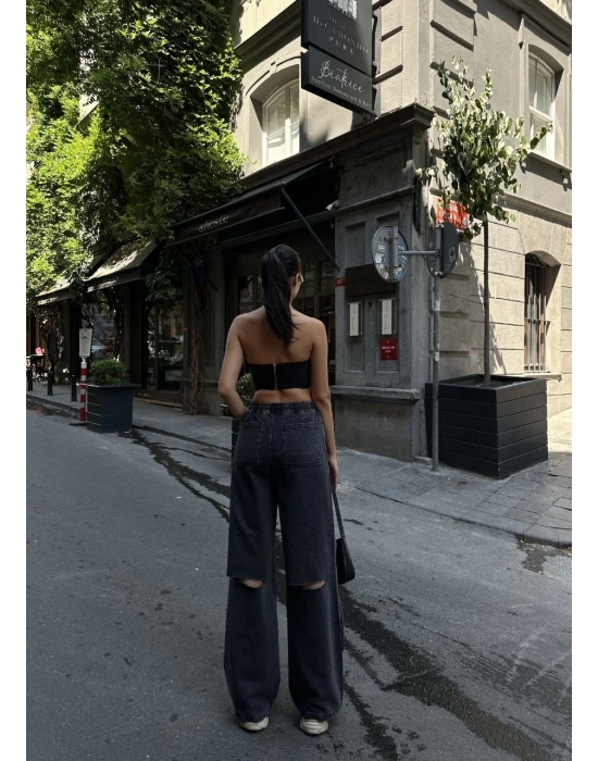 Kadın Arkadan Yırtmaçlı Jeans Kot Palazzo Pantolon - Siyah