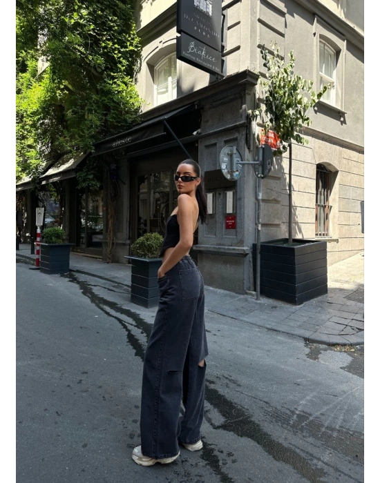 Kadın Arkadan Yırtmaçlı Jeans Kot Palazzo Pantolon - Siyah