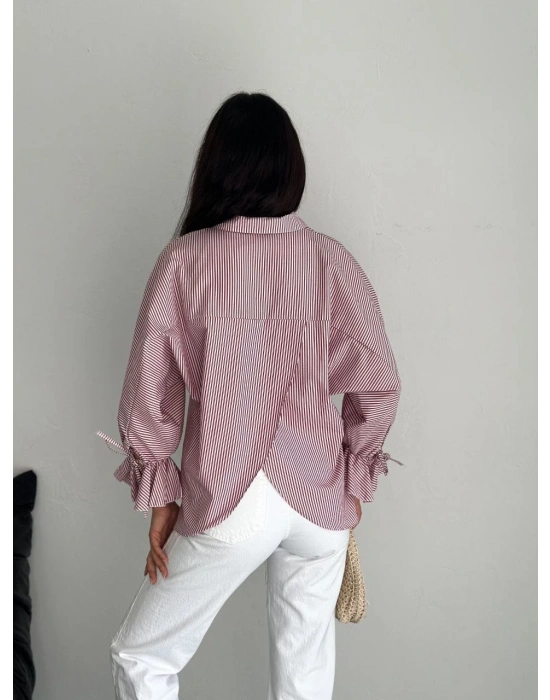 Kadın Arkası Asimetrik Yırtmaç Kesim Detaylı Cizgili Bluz Gömlek - Bordo