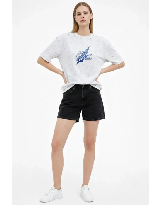 Kadın Asit Yıkamalı Oversize Tişört Future Worlds Baskılı Bisiklet Yaka Kısa Kollu - Beyaz