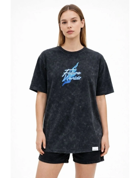 Kadın Asit Yıkamalı Oversize Tişört Future Worlds Baskılı Bisiklet Yaka Kısa Kollu - Siyah