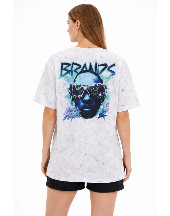 Kadın Asit Yıkamalı Oversize Tişört Future Worlds Baskılı Bisiklet Yaka Kısa Kollu - Beyaz