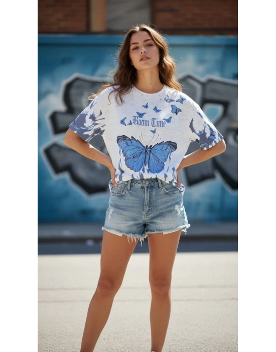 Kadın Asit Yıkamalı Oversize Tişört Mavi Kelebek Baskılı Dijital Print Bisiklet - Beyaz