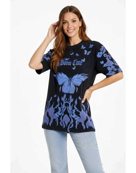 Kadın Asit Yıkamalı Oversize Tişört Mavi Kelebek Baskılı Dijital Print Bisiklet - Siyah