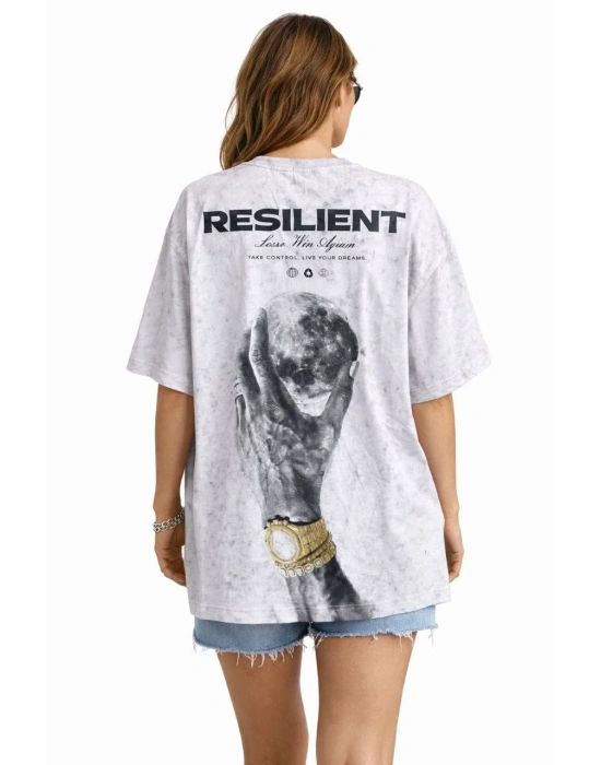 Kadın Asit Yıkamalı Oversize Tişört ön ve Arkası Baskılı %100 Pamuk Street Style T-Shirt - Beyaz