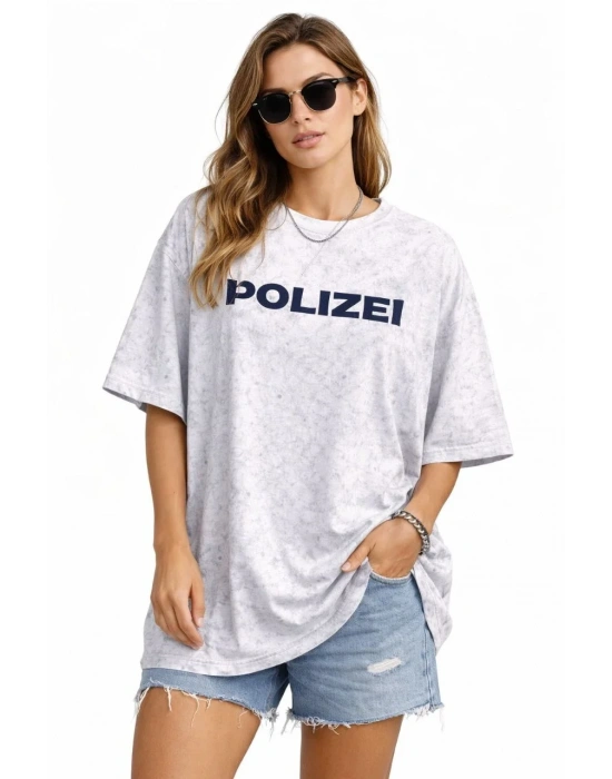 Kadın Asit Yıkamalı Oversize Tişört ön ve Arkası Baskılı %100 Pamuk Street Style T-Shirt - Beyaz