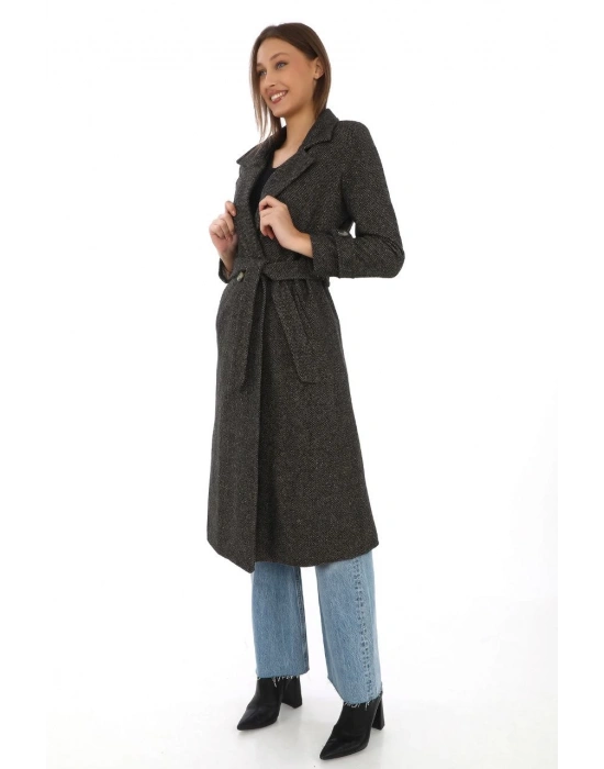 Kadın Astarlı Balık Sırtı Kaşmir Kaşe Kaban - Kahverengi